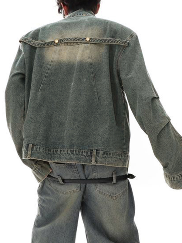 Kurze Jeansjacke für Herren mit verwaschenem Faltenkragen und Kragen-1