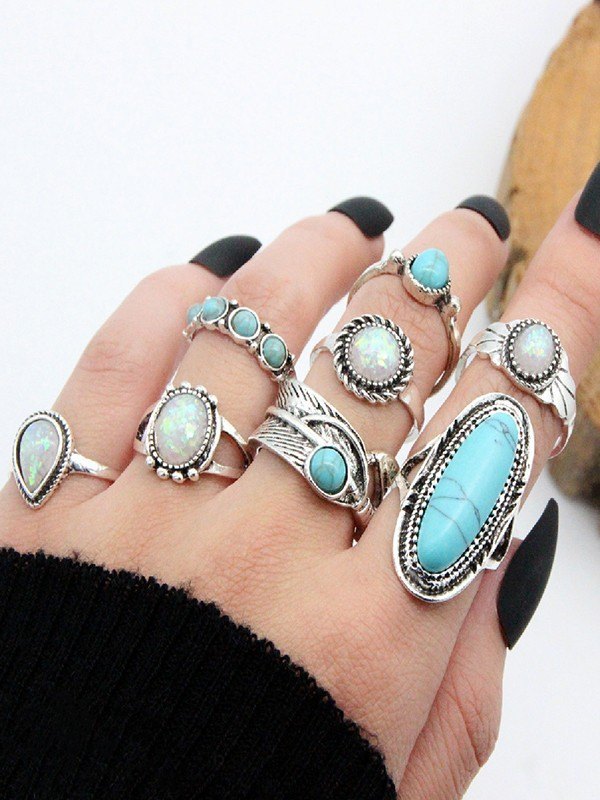 8-teiliges Vintage-Stein-Anhänger-Ring-Set