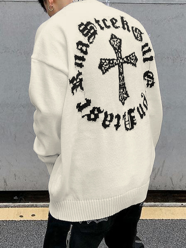 Übergroßer Herrenpullover mit Vintage-Kreuzbuchstaben-Print