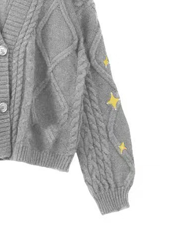 Zopfstrick-Cardigan mit V-Ausschnitt und Stern-Stickerei-1